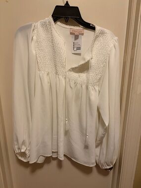 Philosophy Cream Smocked Yoke Tie-Front Long Sleeve Blouse